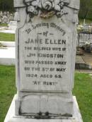 Jane Ellen,
wife of Jos. KINGSTON,
died 5 May 1924 aged 65 years;
Joseph KINGSTON,
died 1946 aged 92 years;
Appletree Creek cemetery, Isis Shire