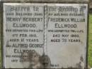 Henry Herbert ELLWOOD,
son,
died 11 Feb 1918 aged 12 years;
Alfred George ELLWOOD,
son,
died Mt Isa 19 Oct 1930;
Frederick William ELLWOOD,
husband,
died 24 May 1950 aged 78 years;
Appletree Creek cemetery, Isis Shire