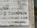 Hubert William THOMPSON,
husband father,
died 5 July 1977 aged 78 years;
Hilda Gladys THOMPSON,
mother,
died 19 June 1986 aged 84 years;
Appletree Creek cemetery, Isis Shire