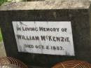 William MCKEMZIE,
died 2 Oct 1937;
Appletree Creek cemetery, Isis Shire