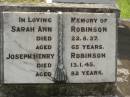 Sarah Ann ROBINSON,
died 22-8-37 aged 65 years;
Joseph Henry ROBINSON,
died 13-1-45 aged 82 years;
Appletree Creek cemetery, Isis Shire