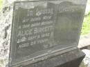 Alice BIRKETT,
wife mother,
died 6 Sept 1942 aged 25 years;
Appletree Creek cemetery, Isis Shire