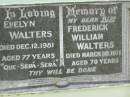 Evelyn WALTERS,
died 12 Dec 1981 aged 77 years;
Frederick WIlliam (Bill) WALTERS,
died 30 March 1971 aged 70 years;
Appletree Creek cemetery, Isis Shire