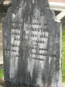 James,
husband of Janet SWANSTON,
died 4 Sept 1921 aged 47 years;
Appletree Creek cemetery, Isis Shire
