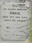 John MACKENZIE,
accidentally killed 8 Aug 1925 aged 68 years;
Annie,
daughter,
died 16 Dec 1934 aged 23 years;
Margaret MACKENZIE,
died 27 Sept 1971 aged 94 years;
Appletree Creek cemetery, Isis Shire