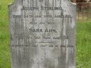 Joseph STIRLING,
died 24 Jan 1928 aged 88 years;
Sara Ann,
wife,
died 5 Sept 1924 aged 74 years;
Appletree Creek cemetery, Isis Shire