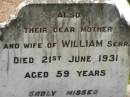 George,
son of W. & C. NEWBIGGING,
died of wounds in France
9 June 1917 aged 22 years;
Colin,
died suddenly 6 July 1913 aged 2 years 5 months;
William NEWBIGGING,
died 17 June 1928 aged 65 years;
William,
son,
killed in action in France
24 April 1918 aged 19 years;
mother and wife of William senior,
died 21 June 1931 aged 59 years;
Appletree Creek cemetery, Isis Shire