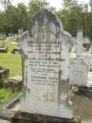 Leslie John SMITH,
died North Isis 13 June 1905
aged 3 years 10 months;
William Alexander SMITH,
died 17 June 1905 aged 8 years 8 months;
Catherine SMITH,
died 9 Feb 1926 aged 32 years;
John SMITH,
died 28 March 1928 aged 69 years;
Mary,
wife,
died 22 July 1943 aged 84 years;
Appletree Creek cemetery, Isis Shire