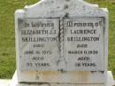 Elizabeth J.J. SKILLINGTON,
died 16 June 1970 aged 93 years;
Laurence SKILLINGTON,
died 11 March 1930 aged 58 years;
Appletree Creek cemetery, Isis Shire