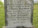 Edward,
son of T. & J. MCGIBBON,
died 17 Jan 1898 aged 16 years 7 months;
Thomas MCGIBBON,
father,
died 17 Jan 1926 aged 75 years;
Jane MCGIBBON,
mother,
died 18 Nov 1931 aged 77 years;
Appletree Creek cemetery, Isis Shire