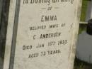 Myrtle Venetia,
only daughter of C. & A.E. ANDERSEN,
died 2 June 1915 aged 20 years 2 months;
Emma,
wife of C. ANDERSEN,
died 16 Jan 1933 aged 73 years;
Christian ANDERSEN,
died 16 Sept 1942 aged 88 years;
Nigel,
son of Alfred Herbert & Leila St Barbe ANDERSEN,
died 11 Dec 1921 aged 8 12 years;
Appletree Creek cemetery, Isis Shire