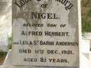 Myrtle Venetia,
only daughter of C. & A.E. ANDERSEN,
died 2 June 1915 aged 20 years 2 months;
Emma,
wife of C. ANDERSEN,
died 16 Jan 1933 aged 73 years;
Christian ANDERSEN,
died 16 Sept 1942 aged 88 years;
Nigel,
son of Alfred Herbert & Leila St Barbe ANDERSEN,
died 11 Dec 1921 aged 8 12 years;
Appletree Creek cemetery, Isis Shire