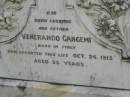 Venerando GANGEMI,
husband father,
born Italy,
died 24 Oct 1915 aged 33 years;
Appletree Creek cemetery, Isis Shire