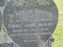 George William MAKIN,
husband father,
died 23 Jan 1958 aged 71 years;
Emma Jane MAKIN,
wife mother,
died 8 July 1947 aged 60 years 6 months;
Dick TREVOR,
cousin,
died 30 July 1959 aged 75 years;
Joyce (Nookie) Valmai MEIER,
died 2 July 1985 aged 63 years;
Alfred MAKIN,
father,
died 15 Feb 1989 aged 71 years;
Appletree Creek cemetery, Isis Shire