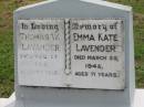 Thomas W. LAVANDER,
died 28 Aug 1964 aged 87 years;
Emma Kate LAVENDER,
died 29 March 1948 aged 71 years;
Appletree Creek cemetery, Isis Shire