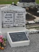 Jessie NIESLER,
died 18 Jan 1993 aged 101 years;
Henry NIESLER,
accidentally killed 29 Aug 1947 aged 58 years;
Appletree Creek cemetery, Isis Shire