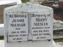 Jessie NIESLER,
died 18 Jan 1993 aged 101 years;
Henry NIESLER,
accidentally killed 29 Aug 1947 aged 58 years;
Appletree Creek cemetery, Isis Shire
