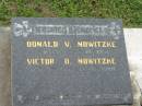 Donald V. NOWITZKE,
9-10-1936 - 5-10-1951;
Victor O. NOWITZKE,
25-5-1906 - 14-6-1980;
Appletree Creek cemetery, Isis Shire
