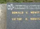 Donald V. NOWITZKE,
9-10-1936 - 5-10-1951;
Victor O. NOWITZKE,
25-5-1906 - 14-6-1980;
Appletree Creek cemetery, Isis Shire