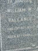 William W. VALLANCE,
died 23 Oct 1935 aged 61 years;
Florence I. VALLANCE,
died 18 July 1969 aged 91? years;
Appletree Creek cemetery, Isis Shire