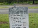 Thomas SEE,
husband father,
died 18 Jan 1931 aged 76 years;
Eliza Jane SEE,
wife mother,
died 1 Aug 1939 aged 76 years;
Charles,
son;
William,
son;
Appletree Creek cemetery, Isis Shire