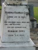 Robina Hannah EPPS,
died 25-8-1927;
Herbert EPPS,
husband,
died 1-4-1932;
Appletree Creek cemetery, Isis Shire