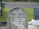 Ethel Lismore,
wife of Robert Campbell MCBURNEY,
born 6 April 1883,
died 5 Feb 1928;
Appletree Creek cemetery, Isis Shire