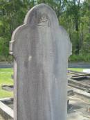 J.E. COCKING,
died 7 April 1926 aged 84 years;
Annie Gertrude,
wife,
died ?? Aug 1945 aged 90? years;
Appletree Creek cemetery, Isis Shire