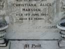 William PARRACK,
died 21 Nov 1925 aged 71 years;
Christiana Alice MARSDEN,
wife,
died 18 June 1940 aged 82 years;
Martha Ann Alice PARRACK,
died 18 Aug 1966 aged 79 years;
Appletree Creek cemetery, Isis Shire