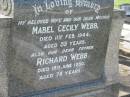 Mabel Cecily WEBB,
wife mother,
died 11 Feb 1944 aged 55 years;
Richard WEBB,
father,
died 19 June 1950 aged 78 years;
Audrey Mabel,
infant child;
Colin Leslie Waterson,
infant child;
Margaret Waterson,
infant child;
Appletree Creek cemetery, Isis Shire