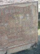 William Edmunds COCKING,
died 3 Nov 1937 aged 76 years;
Annie COCKING,
died 23 Aug 1947 aged 77 years;
Appletree Creek cemetery, Isis Shire