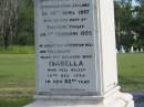 Nugent Robert,
son of William & Isabella BRAND,
died 3 Jan 1917 aged 25 years 9 months;
Elsie Maude (Betty),
wife of Dr Hedley BROWN, Nundah,
mother of Jocelyn & Deidre,
died 31 Dec 1929 aged 35 years;
William BRAND,
born 14 April 1857
Little Shelford Cambridgeshire England,
died 1 Feb 1933 "Shelford" Huxley;
Isabella,
wife,
died 12 Dec 1948 in 82nd year;
Appletree Creek cemetery, Isis Shire
