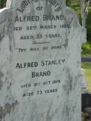 Alfred BRAND,
died 25 March 1923 aged 55 years;
Alfred Stanley BRAND,
died 31 Oct 1976 aged 73 years;
Appletree Creek cemetery, Isis Shire