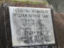 William Arthur GANT,
died 3 April 1964 aged 84 years,
husband of Evelyn Mary,
father of Beryl Mary;
Appletree Creek cemetery, Isis Shire