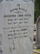 Henry Augustus OAKES,
born 17 Nov 1851 Seven Oaks McLeay River ,
died 20 Dec 1910;
Anna OAKES,
died 7 Sept 1957 aged 93 years;
Augustus John OAKES,
born 26 Jan 1824,
died 20 Dec 1893;
Janet,
wife,
born 7 Sept 1830,
died 19 Oct 1924;
Appletree Creek cemetery, Isis Shire