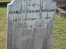 Charles Edward HADLAND,
died 10 Nov 1909 aged 66 years;
Appletree Creek cemetery, Isis Shire