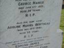 J.H.E. BERTHEAU,
died 28 Dec 1903 aged 52 years;
Mary Anne,
wife,
died 22 July 1919 aged 62 years;
George Manus,
brother,
died 21 June 1923 aged 36 years;
Adeline Muriel BERTHEAU,
sister,
died 19 Aug 1940 aged 39 years;
Edmund James,
brother,
died 13 Sept 1948 aged 66 years;
Walter Henry Edma,
brother,
died 5 Dec 1948 aged 68 years;
Charles Zacharie BERTHEAU,
died 23 Jan 1957 aged 75 years;
Appletree Creek cemetery, Isis Shire