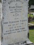 Ellen PIZZEY,
died 15 Feb 1910 aged 65 years;
John Ferguson PIZZEY,
died 27 Aug 1914 aged 74 years;
Ellen Maud PIZZEY,
died 7 March 1955 aged 77 years;
Appletree Creek cemetery, Isis Shire