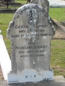 Gustav SCHMIDT,
died 12 Jan 1929 aged 77 years 6 months;
Michelena SCHMIDT,
died 29 Sept 1935 aged 82 years;
Appletree Creek cemetery, Isis Shire