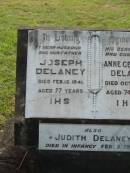 Joseph DELANEY,
husband father,
died 12 Feb 1941 aged 77 years;
Anne Gertrude DELANEY,
wife mother,
died 25 Oct 1954 aged 74 years;
Judith DELANEY,
died in infancy 5 Feb 1950;
Appletree Creek cemetery, Isis Shire