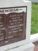 William KINGSTON,
died 13 Oct 1950 aged 69 years;
Matilda Christina KINGSTON,
died 21 Aug 1965 aged 83 years;
Joseph Allan KINGSTON,
died 13 March 1950 aged 31 years;
Fraces Eleanor KINGSTON,
died 19 March 1982;
Appletree Creek cemetery, Isis Shire