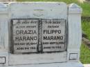 Orazia MARANO,
wife mother,
died 27 May 1944 aged 64 years;
Filippo MARANO,
father,
died 9 Sept 1951 aged 73 years;
Appletree Creek cemetery, Isis Shire