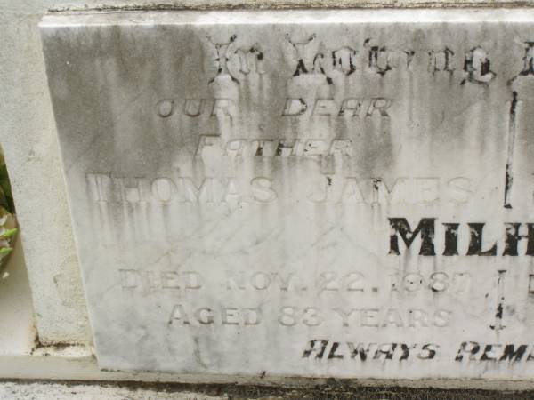 Thomas James MILHAM,  | father,  | died 22 Nov 1987 aged 83 years;  | Evelyn Florence MILHAM,  | wife mother,  | died 30 Aug 1965 aged 57 years;  | Appletree Creek cemetery, Isis Shire  | 