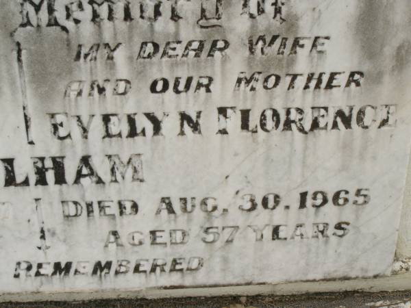 Thomas James MILHAM,  | father,  | died 22 Nov 1987 aged 83 years;  | Evelyn Florence MILHAM,  | wife mother,  | died 30 Aug 1965 aged 57 years;  | Appletree Creek cemetery, Isis Shire  | 