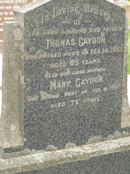 Thomas GAYDON,  | husband father,  | died 14 Feb 1935 aged 65 years;  | Mary GAYDON,  | mother,  | died 16 Aug 1947 aged 72 years;  | Appletree Creek cemetery, Isis Shire  | 