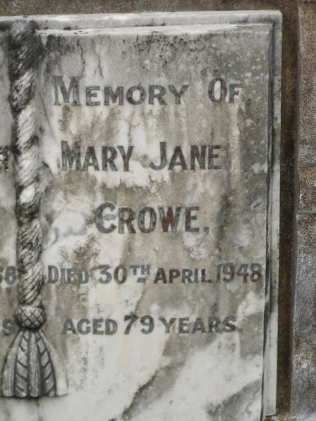 Francis Stephen CROWE,  | died 12 May 1936 aged 76 years;  | Mary Jane CROWE,  | died 30 April 1948 aged 79 years;  | Appletree Creek cemetery, Isis Shire  | 