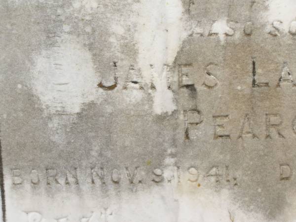 James Charles PEARCE,  | husband father,  | born 3 Aug 1916,  | died 31 July 1941;  | son,  | born 9 Nov 1941,  | died 16 Nov 1941;  | Appletree Creek cemetery, Isis Shire  | 