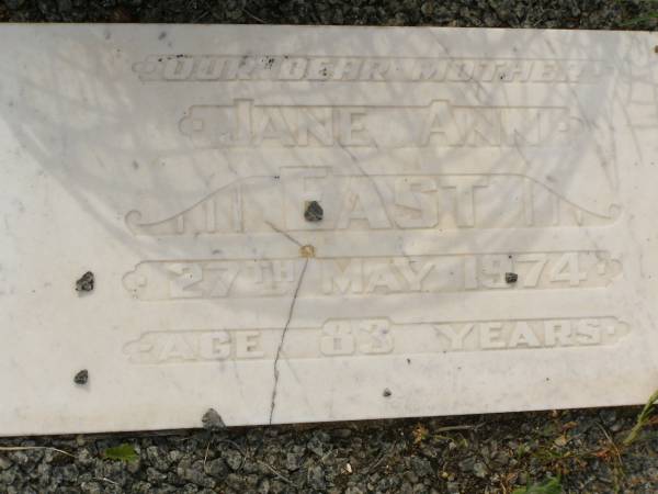 George EAST,  | died 9 March 1915 aged 52 years;  | Robert M. EAST,  | died 22 April 1947 aged 60 years;  | Eliza Ann EAST,  | died 19 Aug 1959 aged 93 years;  | Jane Ann EAST,  | died 27 May 1974 aged 83 years;  | Appletree Creek cemetery, Isis Shire  | 