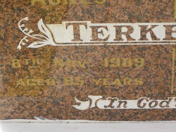 Agnes TERKELSEN,  | mother,  | died 8 Nov 1989 aged 95 years;  | Neil TERKELSEN,  | father,  | died 27 Feb 1969 aged 77 years;  | Joan Marcia TERKELSEN,  | 19-7-1929 - 8-6-2001,  | wife of Warren,  | mother of Kay, Kerry, Ross, Gail & Corrine;  | Warren Neville TERKELSEN,  | 22-9-1924 - 6-4-2003m  | husband of Joan,  | father of Kay, Kerry, Ross, Gail & Corrine;  | Appletree Creek cemetery, Isis Shire  | 
