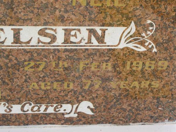 Agnes TERKELSEN,  | mother,  | died 8 Nov 1989 aged 95 years;  | Neil TERKELSEN,  | father,  | died 27 Feb 1969 aged 77 years;  | Joan Marcia TERKELSEN,  | 19-7-1929 - 8-6-2001,  | wife of Warren,  | mother of Kay, Kerry, Ross, Gail & Corrine;  | Warren Neville TERKELSEN,  | 22-9-1924 - 6-4-2003m  | husband of Joan,  | father of Kay, Kerry, Ross, Gail & Corrine;  | Appletree Creek cemetery, Isis Shire  | 